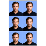 Colour ID passport and visa photos on a blue background